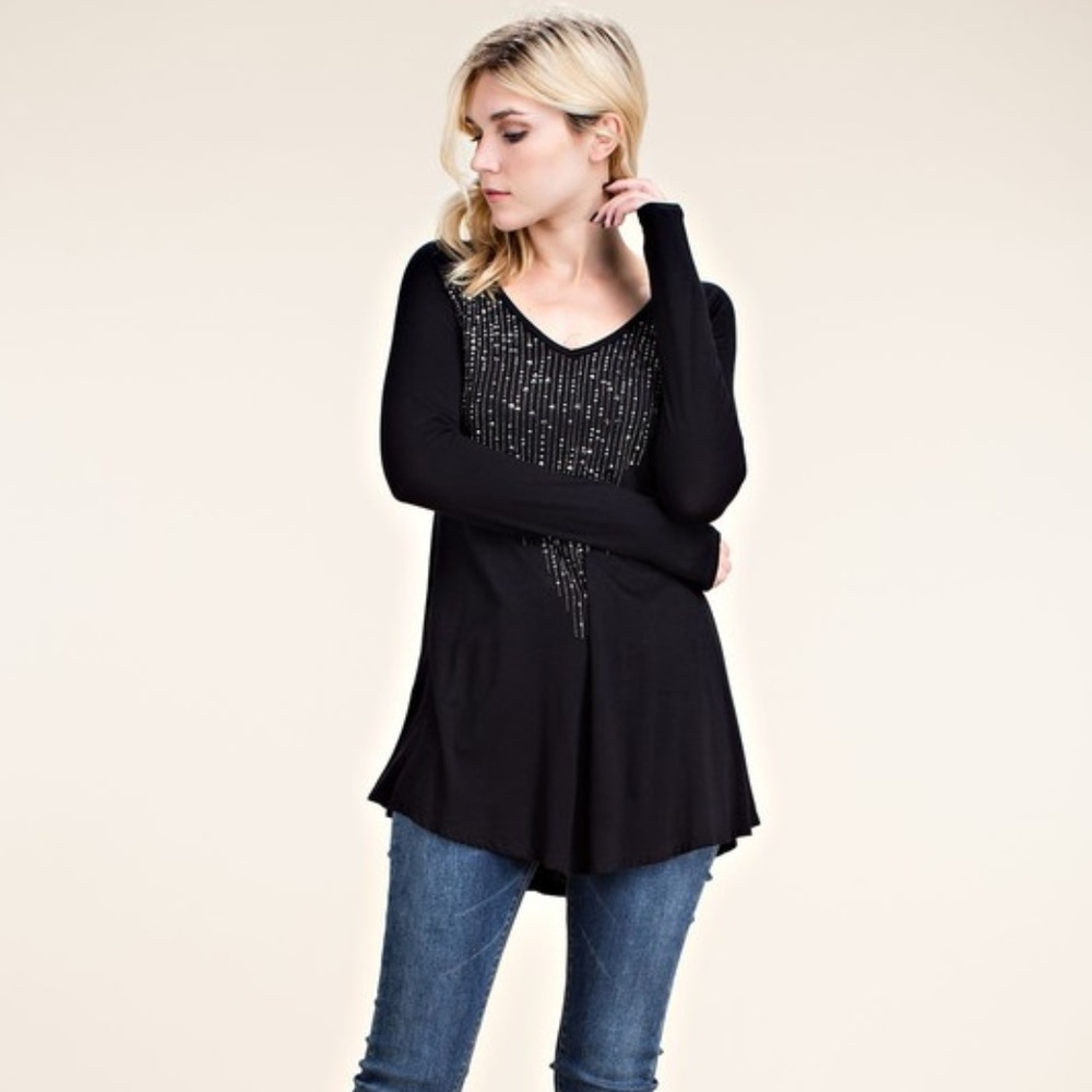 NEW VOCAL TUNIC SHIRT BLACK SM-3X rhinestones sexy WESTERN rocker biker harley - Picture 3 of 5